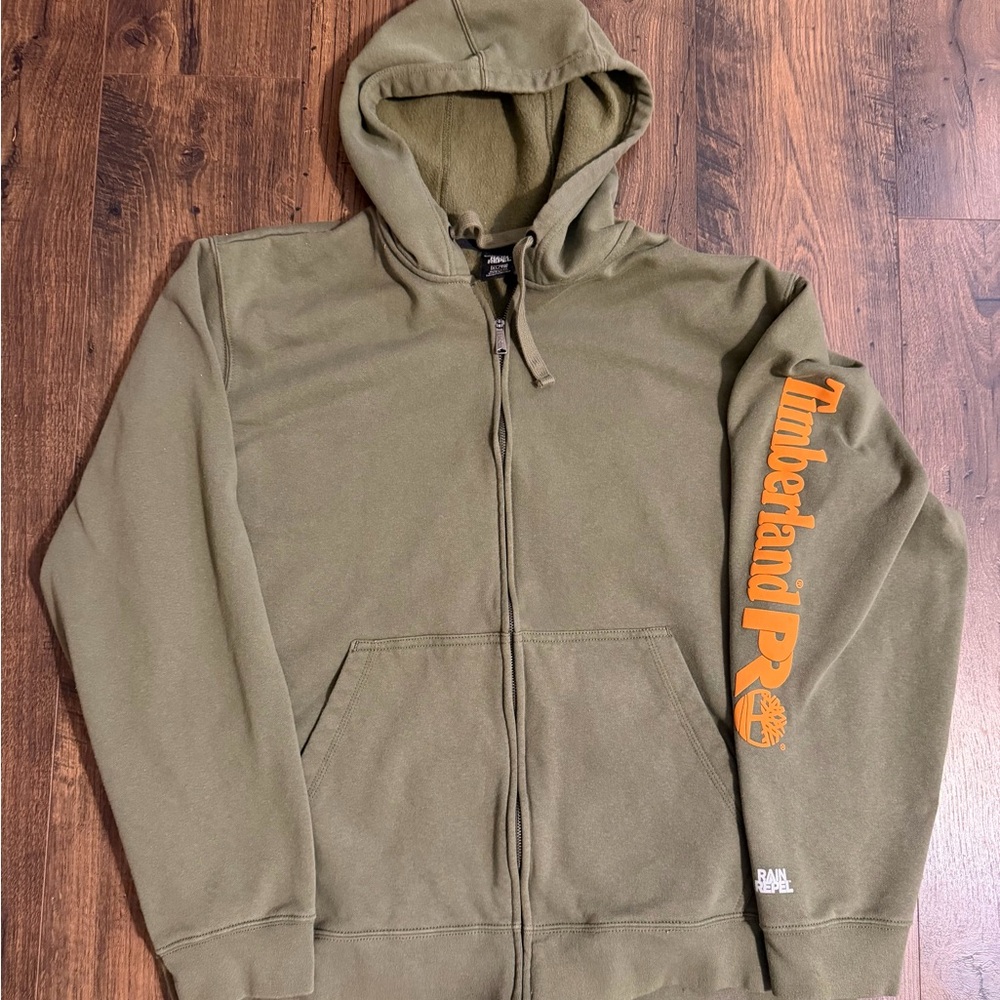 Timberland Pro Rain Repel Size XL Men's Olive Hoodie with Orange Logo